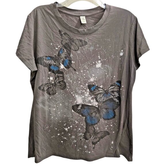 Hybrid Apparel Butterfly T-Shirt Women's 2X Gray Cap Sleeve Crew Neck - Picture 1 of 7